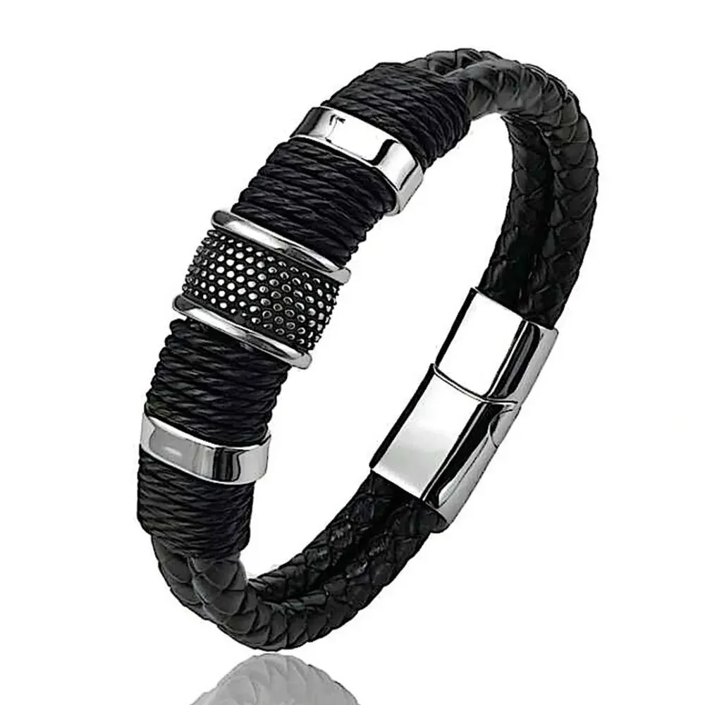 BLACK STAINLESS STEEL LEATHER BRACELET